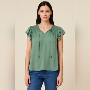 Philosophy Green Smocked Shoulder Flutter Sleeve Blouse Size S Office
